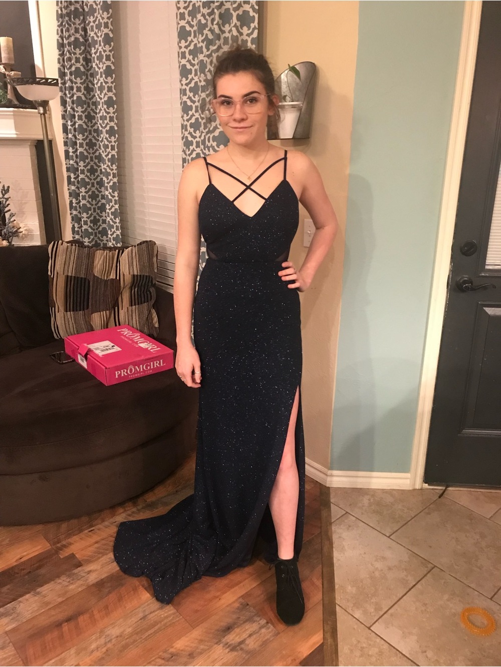 Sparkling Navy Prom Dress with Crisscross Straps
